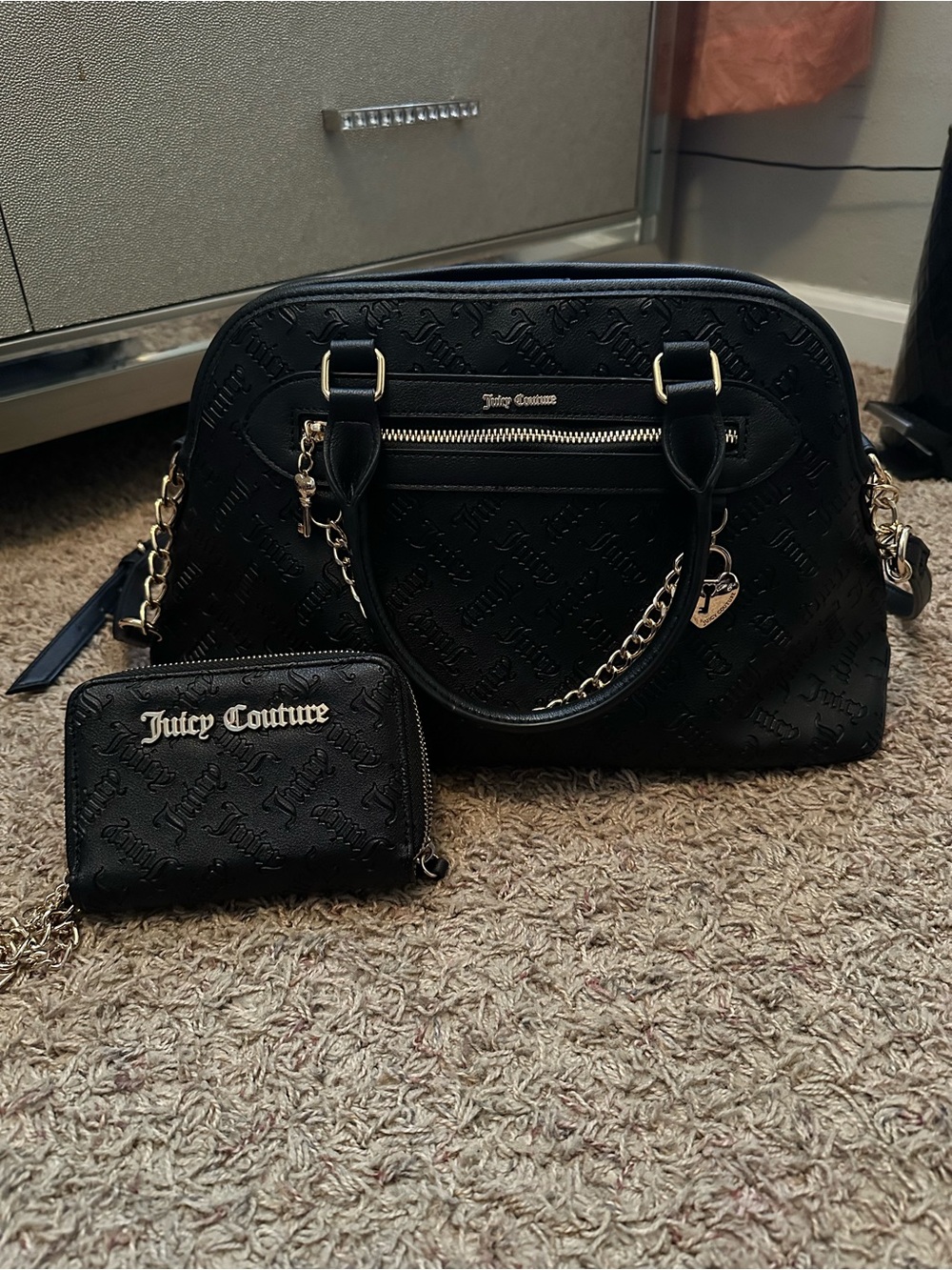 Juicy Couture Black Dome Satchel with Matching Wallet Set